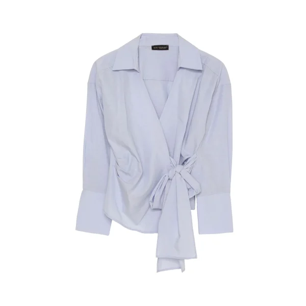 Bağlama Detaylı Kruvaze Bluz Gömlek-Mavi