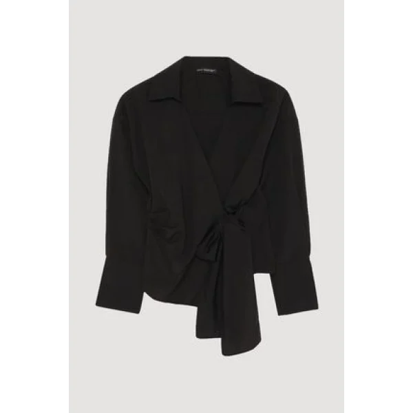 Bağlama Detaylı Kruvaze Bluz Gömlek-Siyah