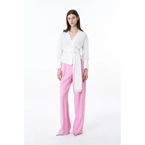 Bağlama Detaylı Kruvaze Bluz Gömlek-Beyaz