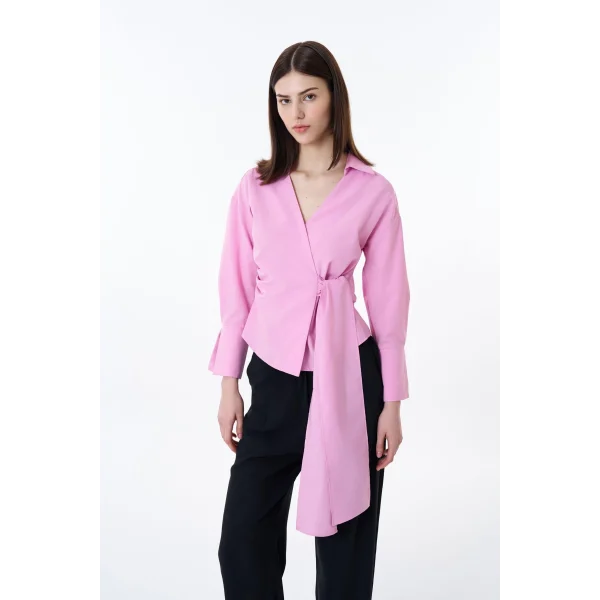 Bağlama Detaylı Kruvaze Bluz Gömlek-Pembe