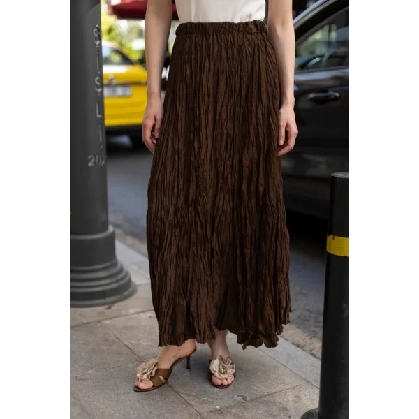 Premium Seri Kırışık Uzun Etek-Kahverengi