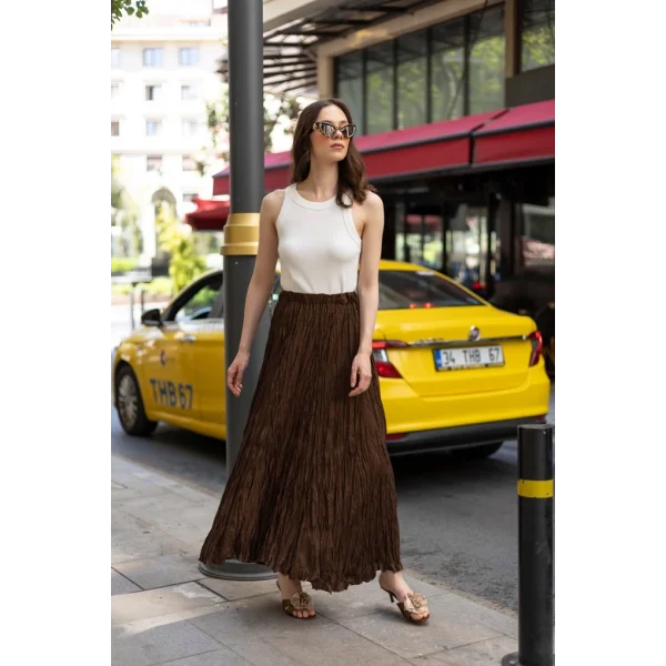 Premium Seri Kırışık Uzun Etek-Kahverengi