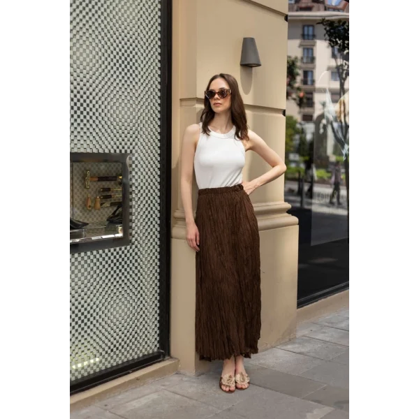 Premium Seri Kırışık Uzun Etek-Kahverengi