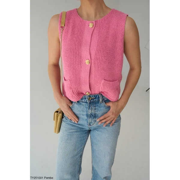Gold Düğme Triko Yelek-Pembe