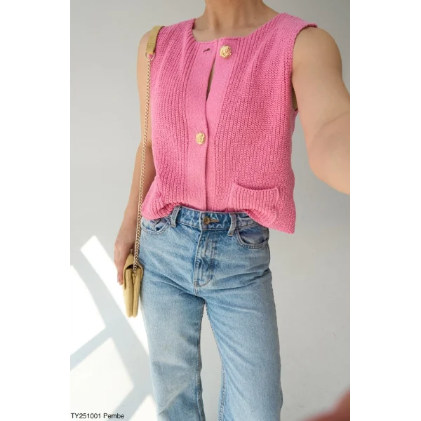 Gold Düğme Triko Yelek-Pembe