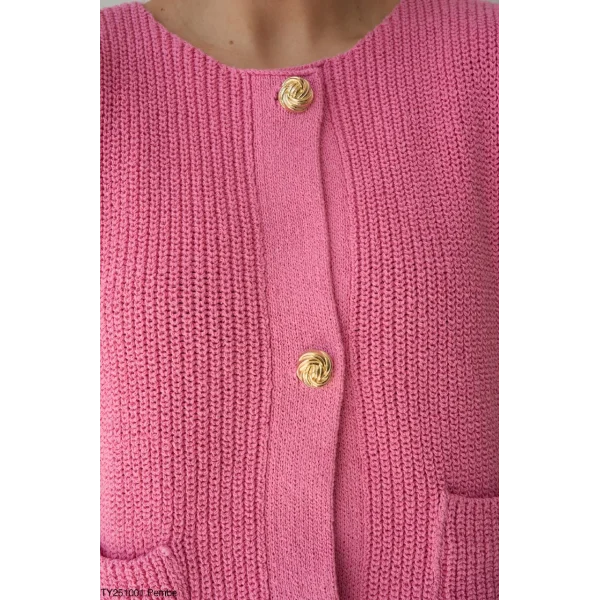 Gold Düğme Triko Yelek-Pembe