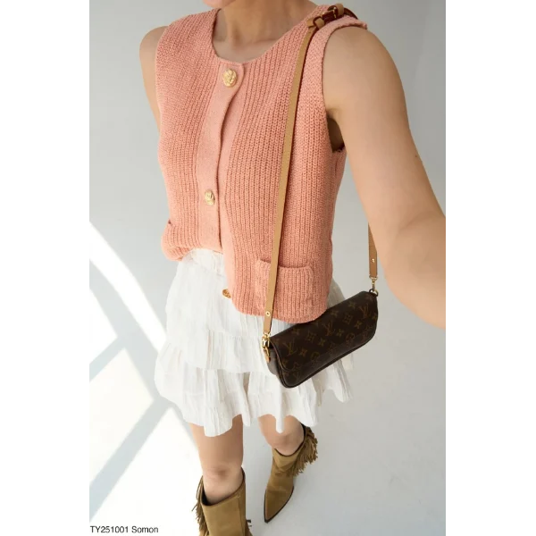 Gold Düğme Triko Yelek-Somon