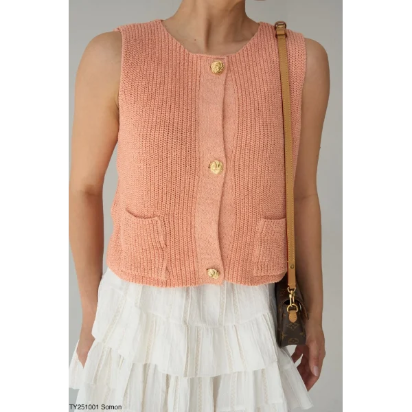 Gold Düğme Triko Yelek-Somon