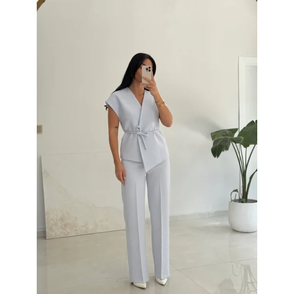Luna Bağlamalı Yelek Pantolon Takım-Mavi