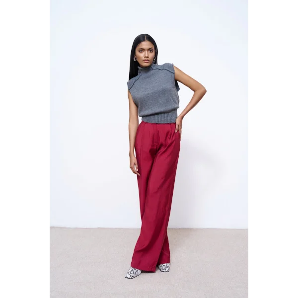 Yüksek Bel Palazzo Bol Paça Pantolon-Bordo