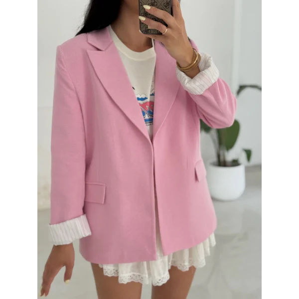 Çizgi Astarlı Keten Ceket-Pembe