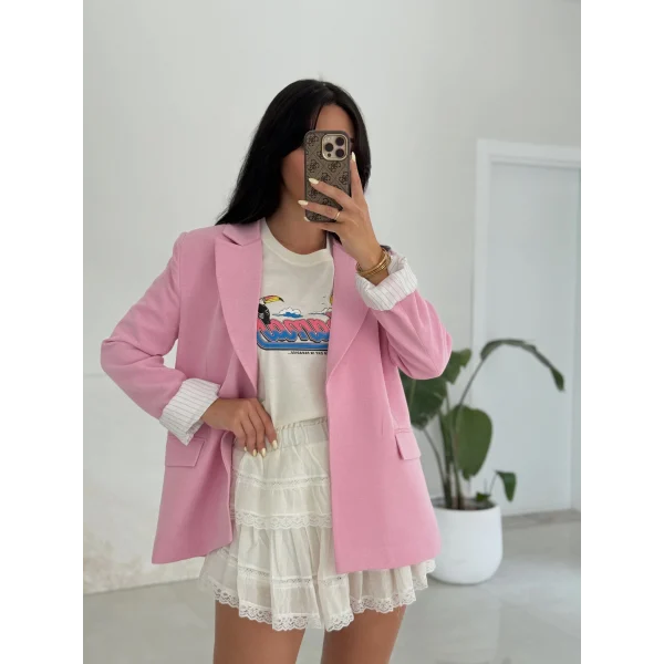 Çizgi Astarlı Keten Ceket-Pembe