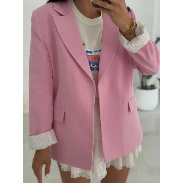 Çizgi Astarlı Keten Ceket-Pembe