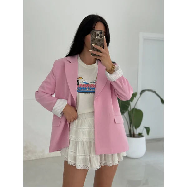 Çizgi Astarlı Keten Ceket-Pembe