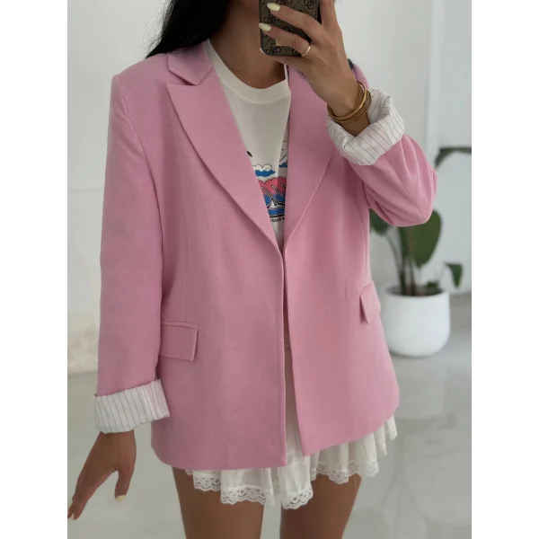 Çizgi Astarlı Keten Ceket-Pembe