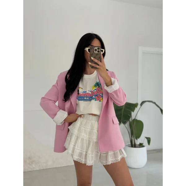 Çizgi Astarlı Keten Ceket-Pembe