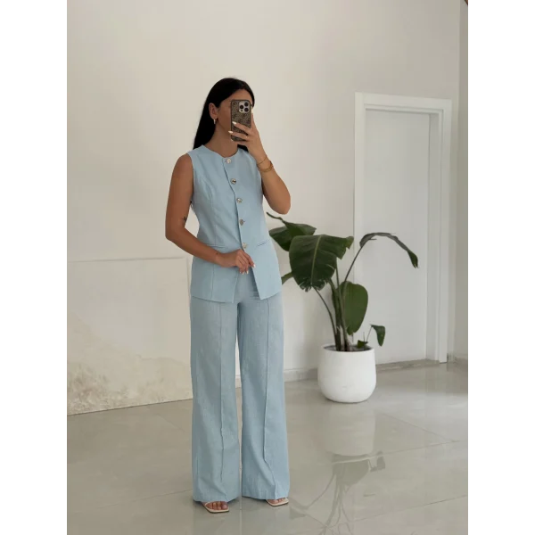 Karma Düğme Keten Yelek Pantolon Takım-Mavi