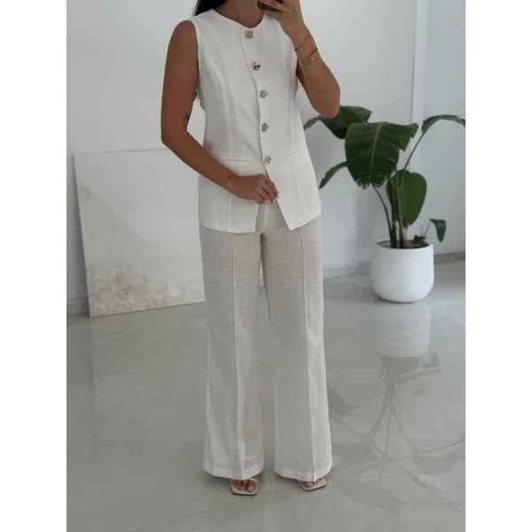 Karma Düğme Keten Yelek Pantolon Takım-Beyaz