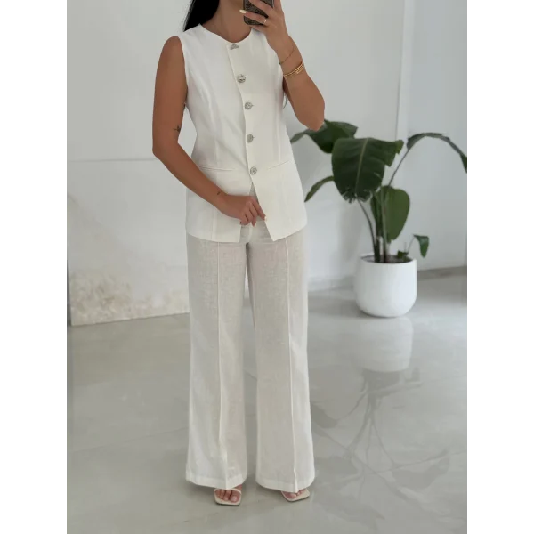 Karma Düğme Keten Yelek Pantolon Takım-Beyaz