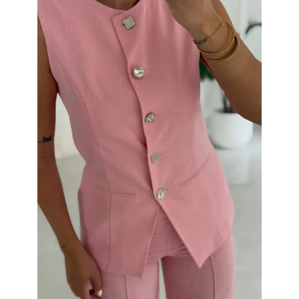 Karma Düğme Keten Yelek Pantolon Takım-Pembe
