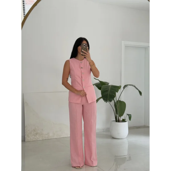 Karma Düğme Keten Yelek Pantolon Takım-Pembe