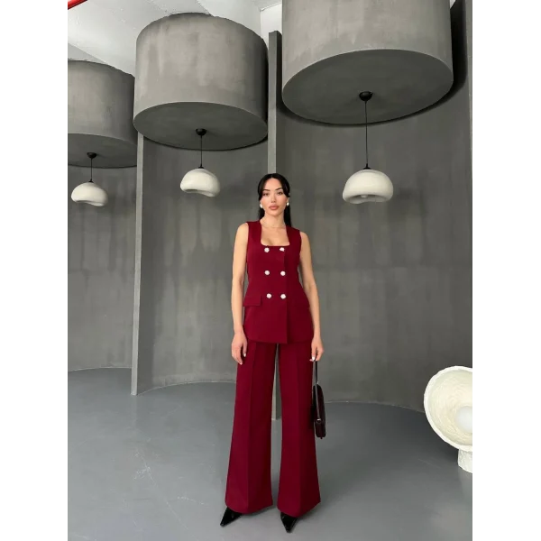 TAŞ DÜĞME BORDO YELEK PANTOLON TAKIM