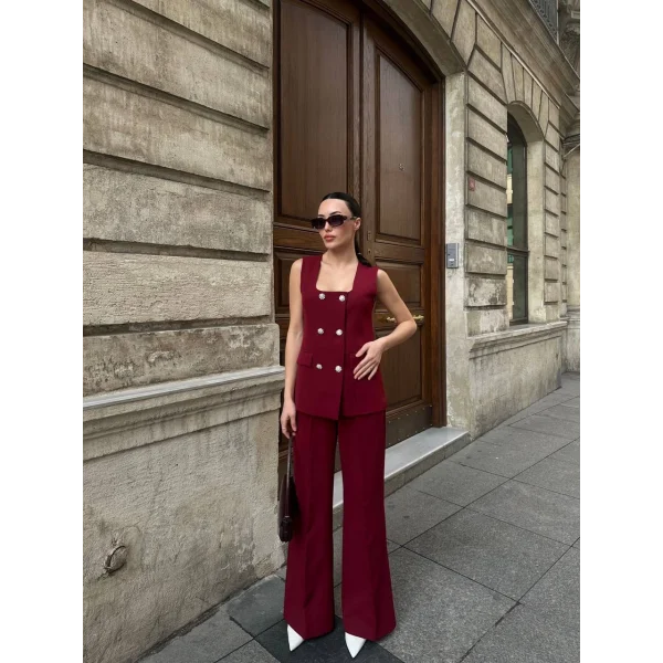 TAŞ DÜĞME BORDO YELEK PANTOLON TAKIM