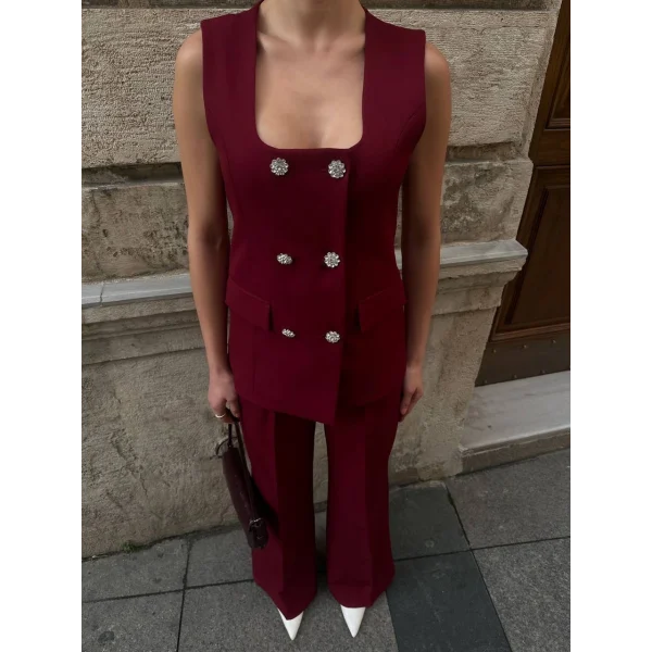 TAŞ DÜĞME BORDO YELEK PANTOLON TAKIM