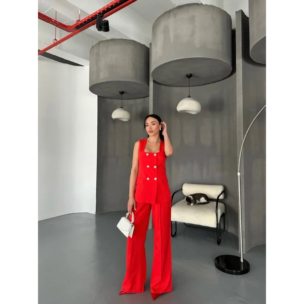 TAŞ DÜĞME KIRMIZI YELEK PANTOLON TAKIM 