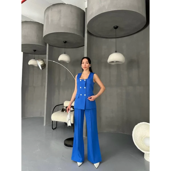 TAŞ DÜĞME MAVİ YELEK PANTOLON TAKIM 