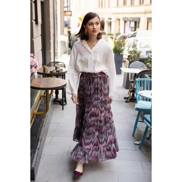 Etnik Desenli Empirme Uzun Etek-Pudra Bordo