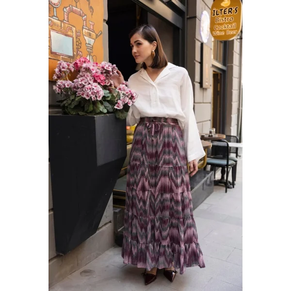 Etnik Desenli Empirme Uzun Etek-Pudra Bordo