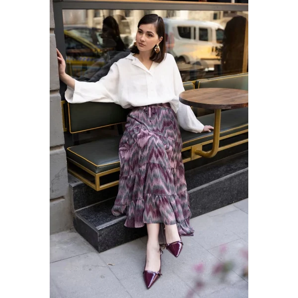 Etnik Desenli Empirme Uzun Etek-Pudra Bordo