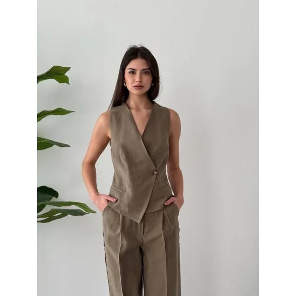 Bağcıklı Sırtı Açık Keten Yelek Pantolon Takım-Vizon