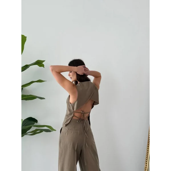 Bağcıklı Sırtı Açık Keten Yelek Pantolon Takım-Vizon