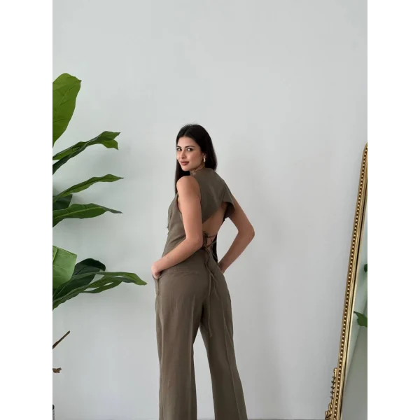 Bağcıklı Sırtı Açık Keten Yelek Pantolon Takım-Vizon