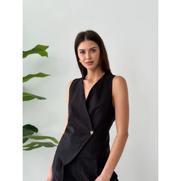 Bağcıklı Sırtı Açık Keten Yelek Pantolon Takım-Siyah