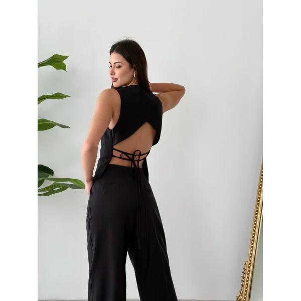 Bağcıklı Sırtı Açık Keten Yelek Pantolon Takım-Siyah