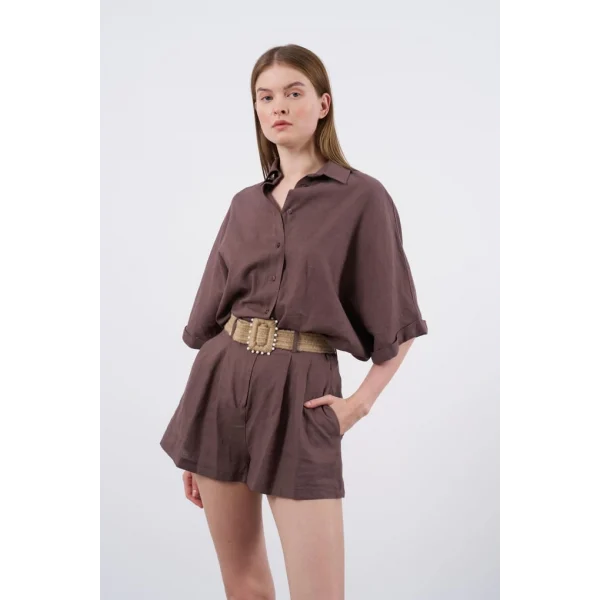 Premium Seri Keten Şort Gömlek Takım-Kahve