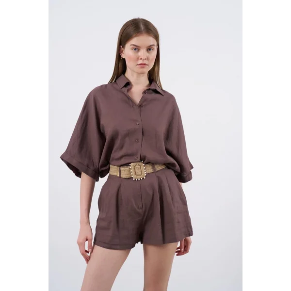 Premium Seri Keten Şort Gömlek Takım-Kahve