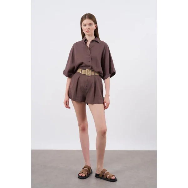 Premium Seri Keten Şort Gömlek Takım-Kahve