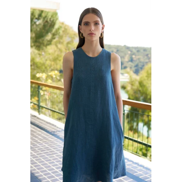 Premium Seri Sıfır Kol Keten Elbise-Mavi