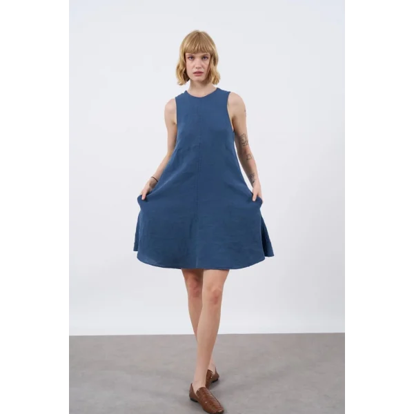 Premium Seri Sıfır Kol Keten Elbise-Mavi