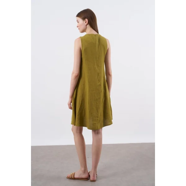 Premium Seri Sıfır Kol Keten Elbise-Yağ yeşili