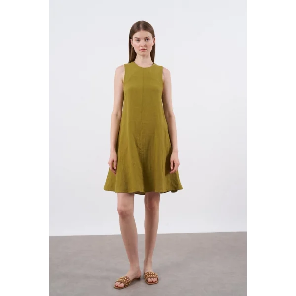 Premium Seri Sıfır Kol Keten Elbise-Yağ yeşili