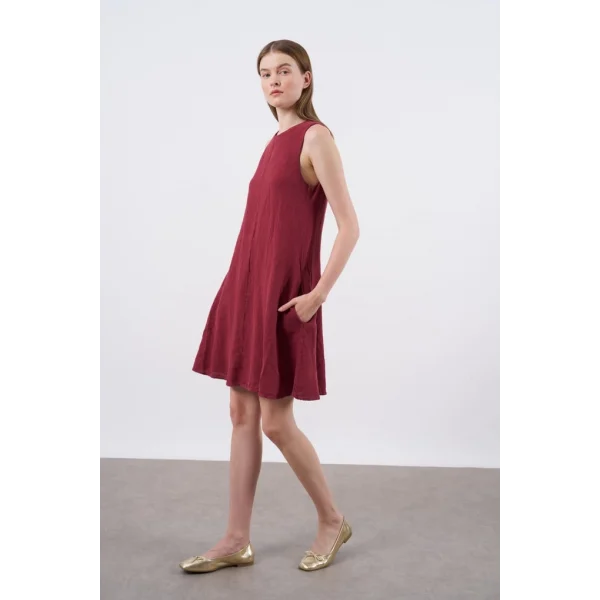 Premium Seri Sıfır Kol Keten Elbise-Bordo