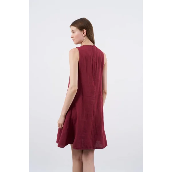 Premium Seri Sıfır Kol Keten Elbise-Bordo