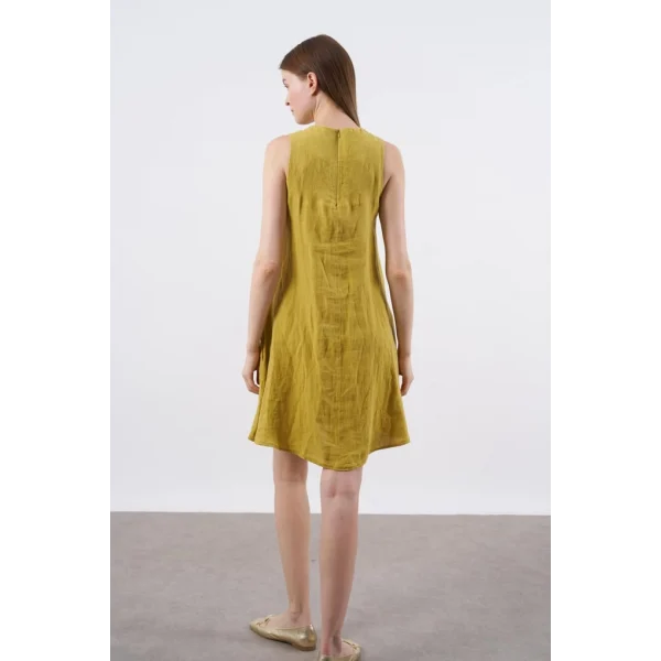 Premium Seri Sıfır Kol Keten Elbise-Hardal