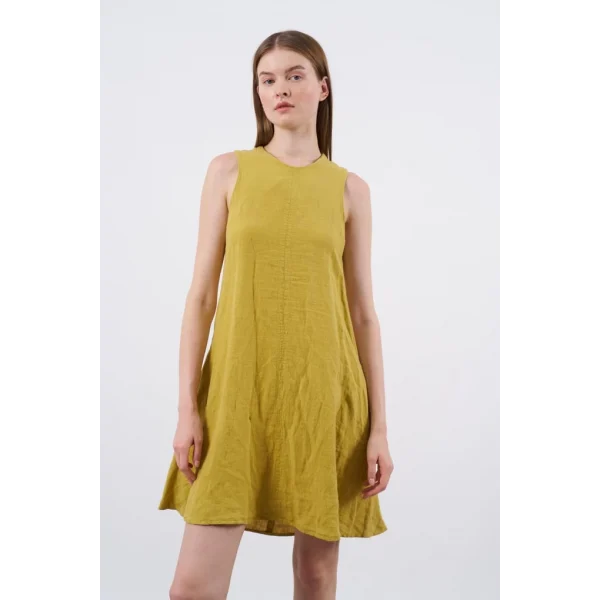 Premium Seri Sıfır Kol Keten Elbise-Hardal