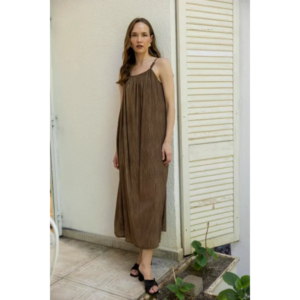 Boncuk Askılı Uzun Elbise-Kahve